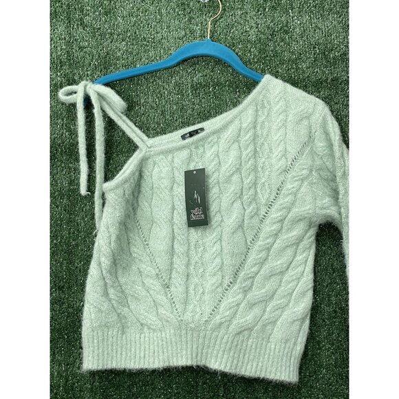 Wild Fable Women’s Cable Knit Sweater Mint Green One Shoulder Tie Size Small NWT - Picture 2 of 9